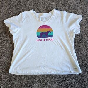 Life Is Good Womens XXXL Crusher Tee White V Neck Horse Rainbow Short Sleeve Sun